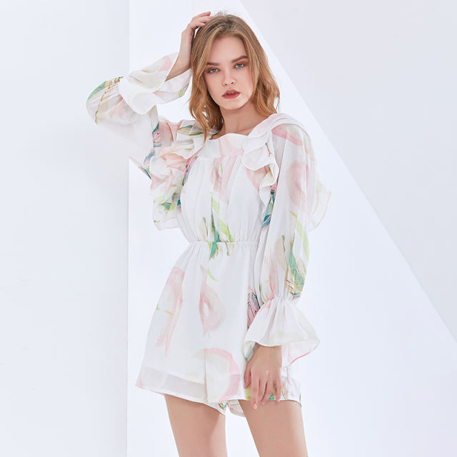 TWOTWINSTYLE Lace Up Hit Color Square Collar Ruffled Print Playsuits