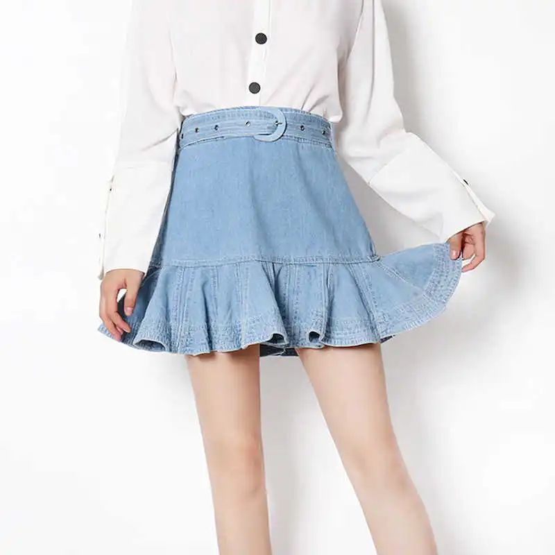 TWOTWINSTYLE A Line Mini Lace Up Ruched Denim Skirt