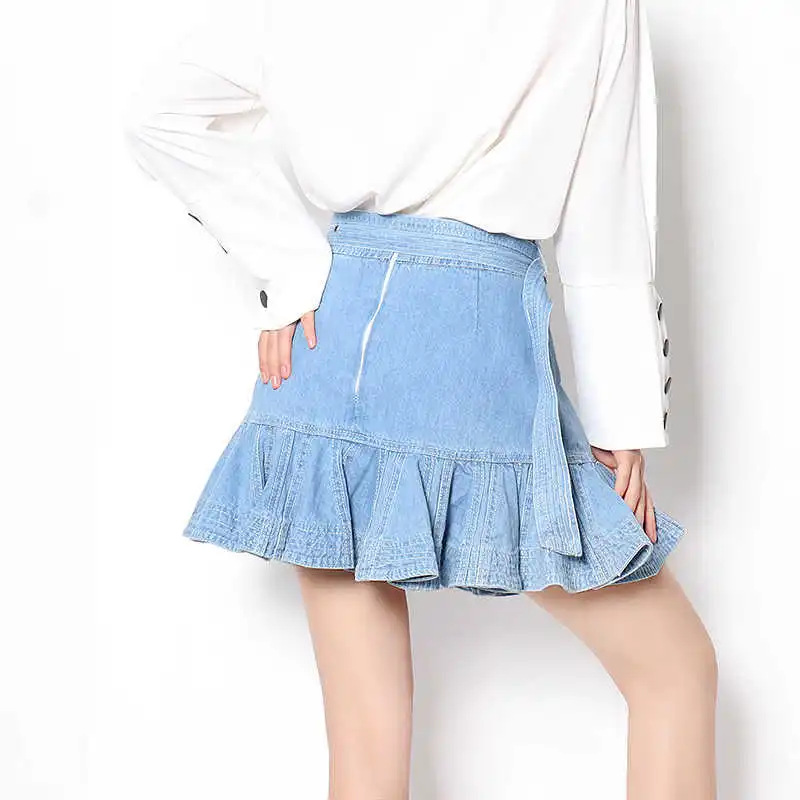 TWOTWINSTYLE A Line Mini Lace Up Ruched Denim Skirt