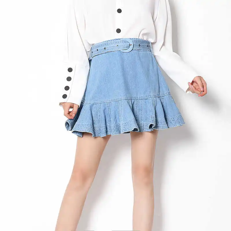 TWOTWINSTYLE A Line Mini Lace Up Ruched Denim Skirt