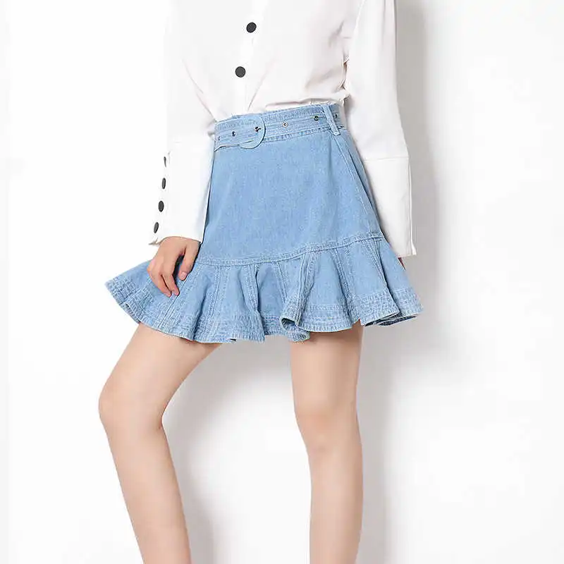 TWOTWINSTYLE A Line Mini Lace Up Ruched Denim Skirt