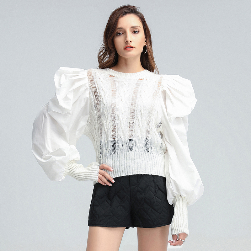 TWOTWINSTYLE O Neck Puff Long Sleeve Patchwork Sweater