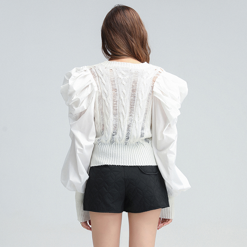 TWOTWINSTYLE O Neck Puff Long Sleeve Patchwork Sweater