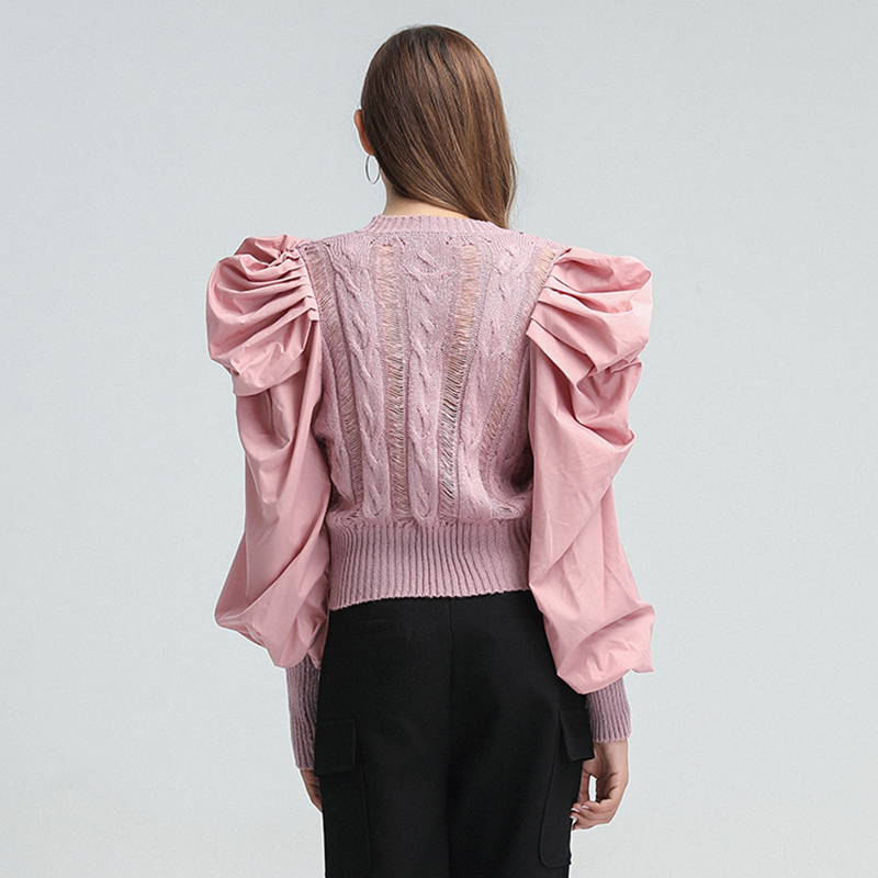 TWOTWINSTYLE O Neck Puff Long Sleeve Patchwork Sweater