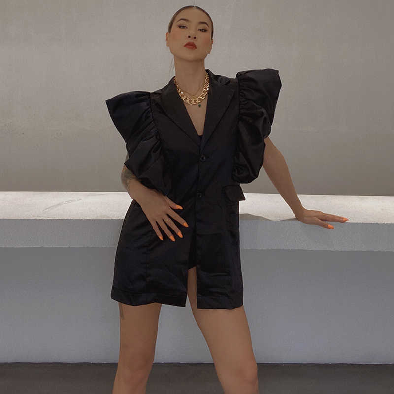 TWOTWINSTYLE Korean Black Patchwork Ruffle Blazer