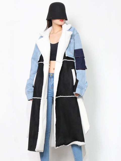 TWOTWINSTYLE Casual Patchwork Pockets Colorblock Open Stitch Jackets