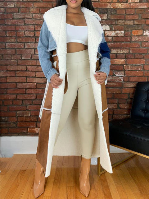 TWOTWINSTYLE Casual Patchwork Pockets Colorblock Open Stitch Jackets