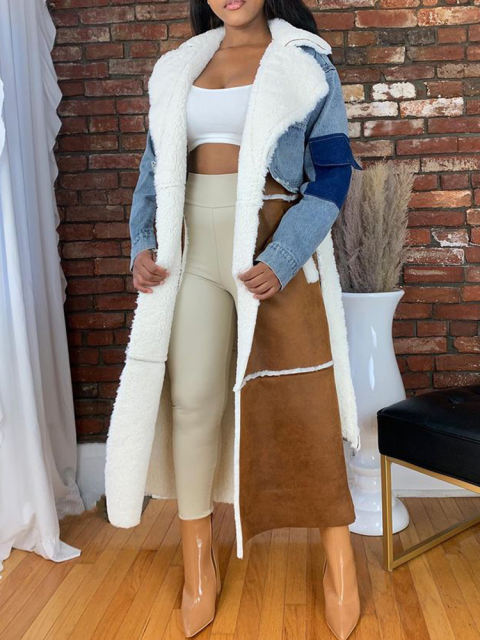TWOTWINSTYLE Casual Patchwork Pockets Colorblock Open Stitch Jackets