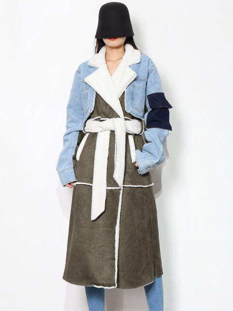 TWOTWINSTYLE Casual Patchwork Pockets Colorblock Open Stitch Jackets