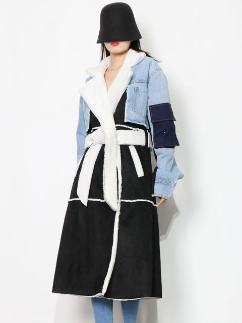 TWOTWINSTYLE Casual Patchwork Pockets Colorblock Open Stitch Jackets