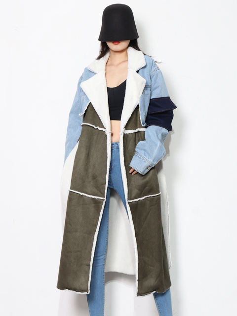 TWOTWINSTYLE Casual Patchwork Pockets Colorblock Open Stitch Jackets