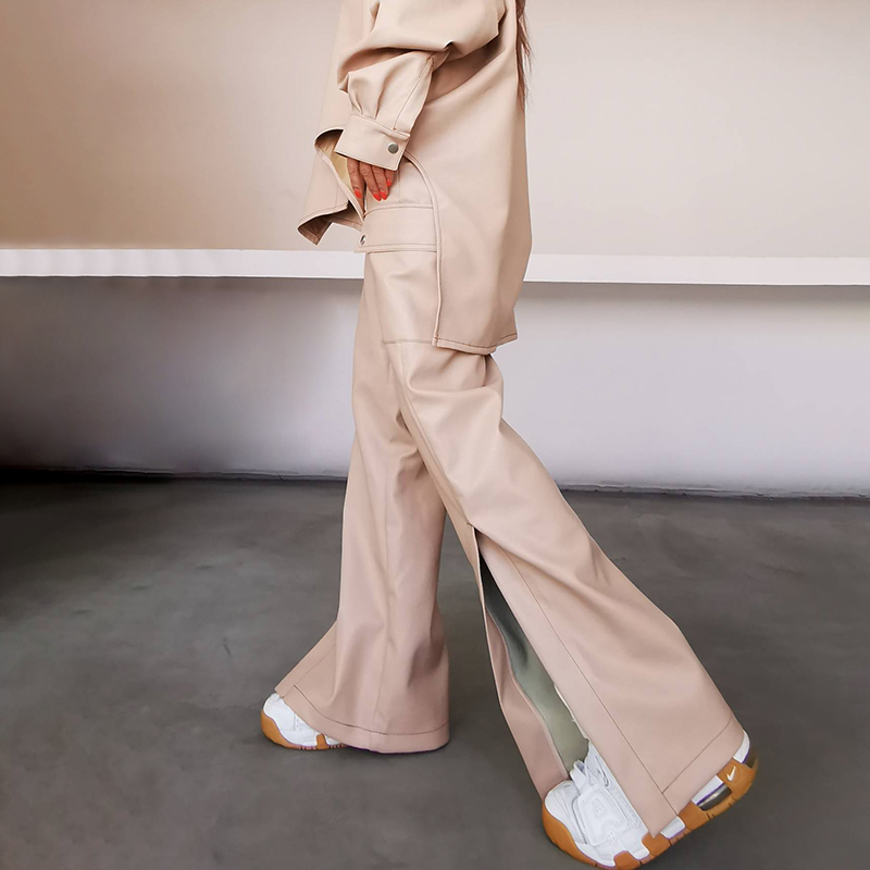TWOTWINSTYLE Bottom Split PU Wide Leg Pants