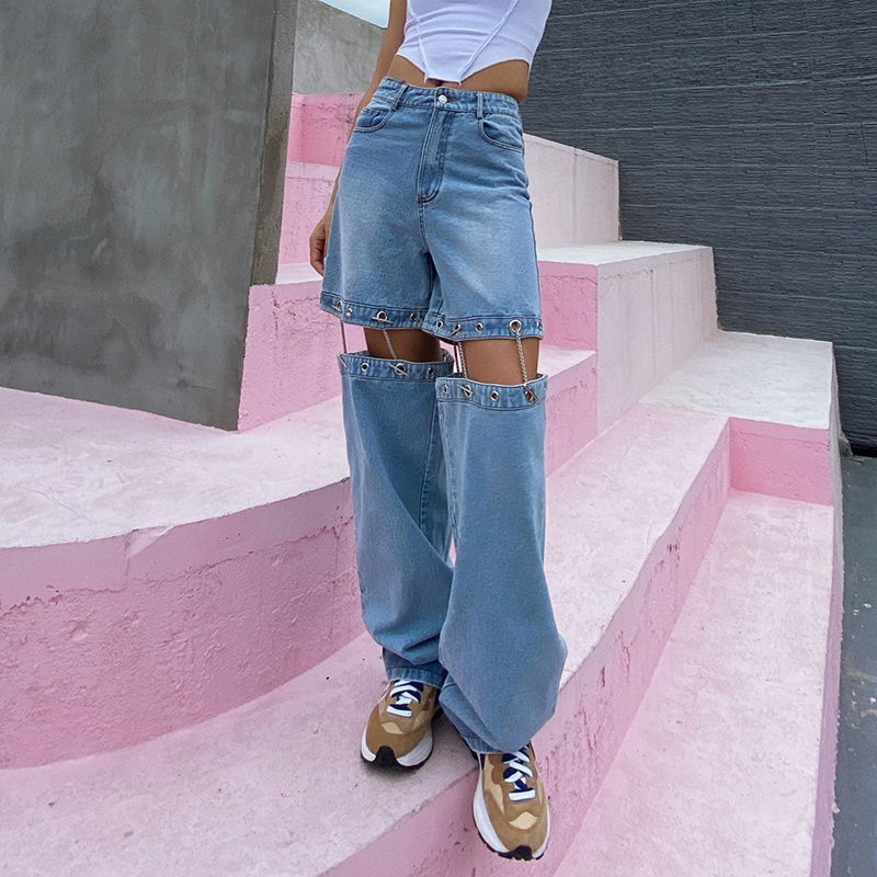 TWOTWINSTYLE Patchwork Blue Denim Casual Pants