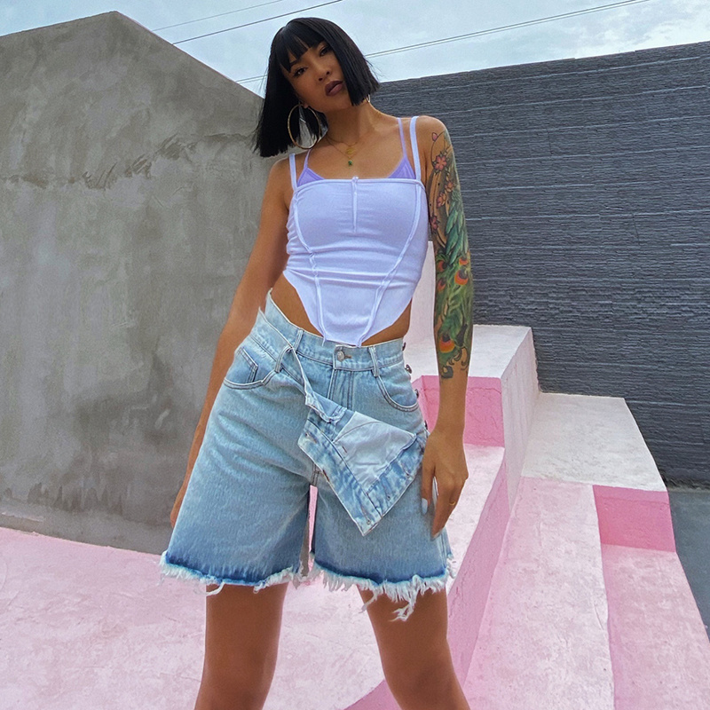 TWOTWINSTYLE Denim Fake Two Short Pants