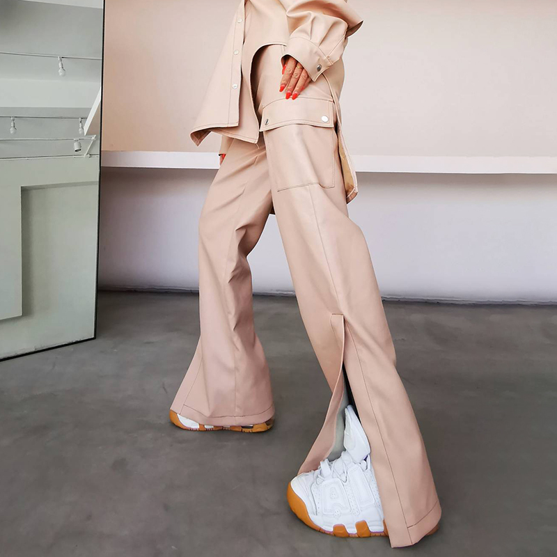 TWOTWINSTYLE Bottom Split PU Wide Leg Pants