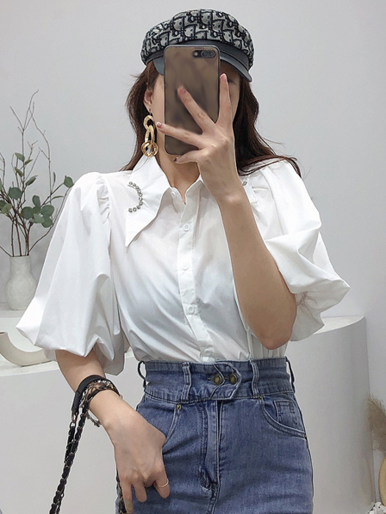 TWOTWINSTYLE Puff Sleeve Plain Diamonds Open Stitch Blouse