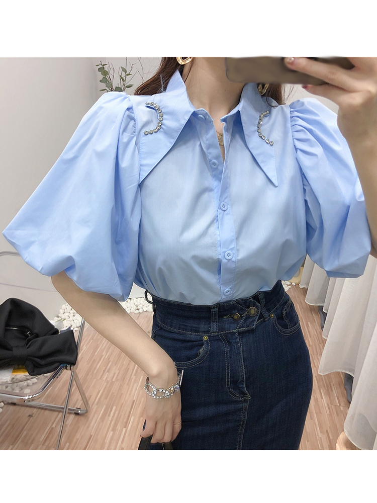 TWOTWINSTYLE Puff Sleeve Plain Diamonds Open Stitch Blouse