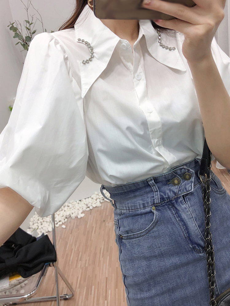 TWOTWINSTYLE Puff Sleeve Plain Diamonds Open Stitch Blouse
