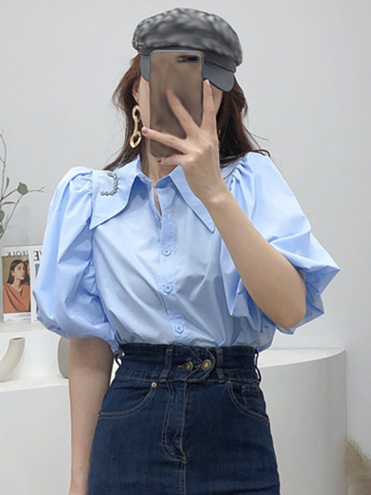 TWOTWINSTYLE Puff Sleeve Plain Diamonds Open Stitch Blouse