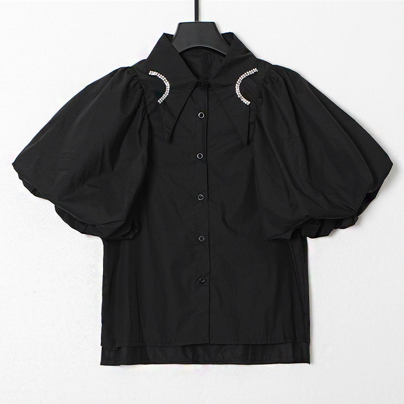 TWOTWINSTYLE Puff Sleeve Plain Diamonds Open Stitch Blouse