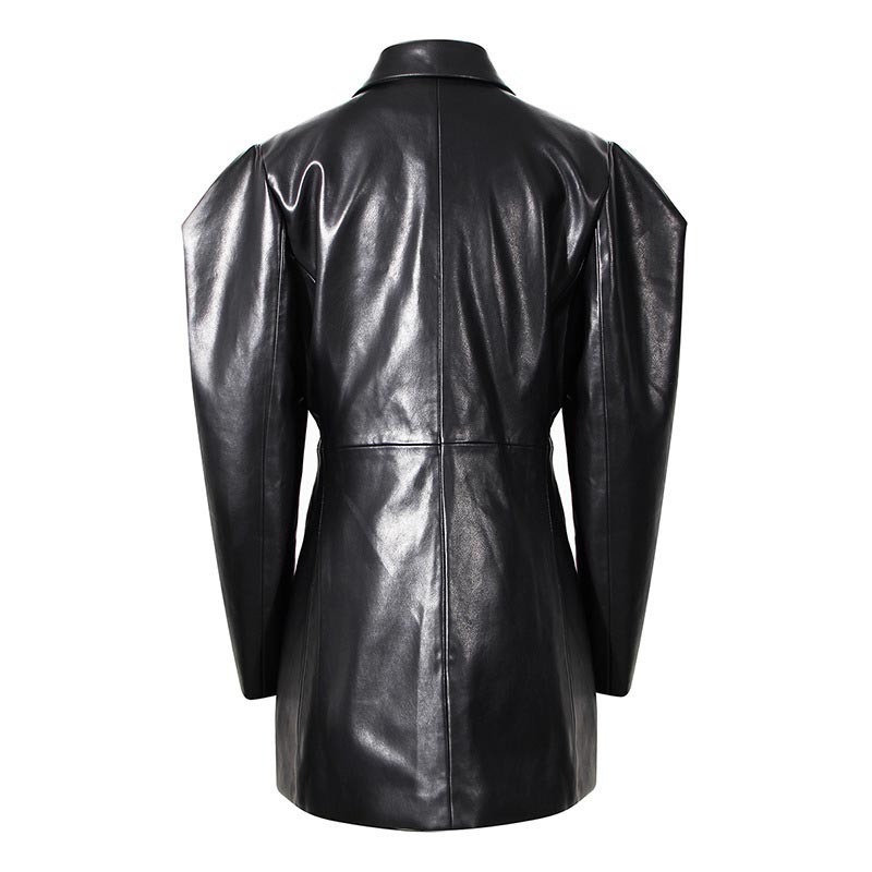 TWOTWINSTYLE PU Leather Double Breasted Black Blazer