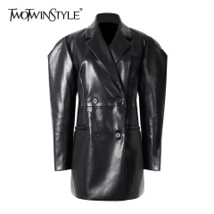 TWOTWINSTYLE PU Leather Double Breasted Black Blazer