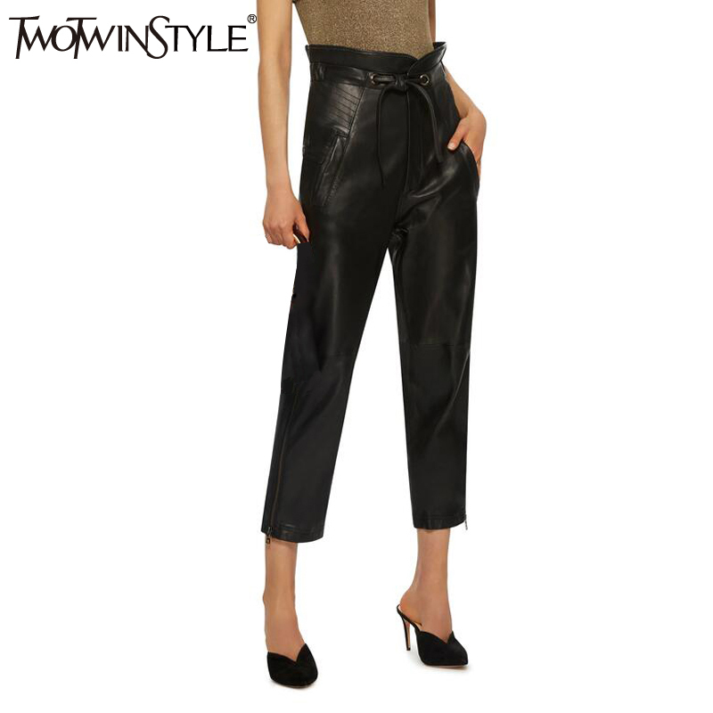 TWOTWINSTYLE PU Leather Pencil Ruffle Pants