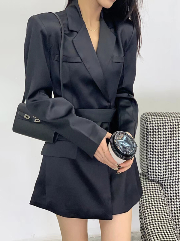 TWOTWINSTYLE Notched Collar Long Sleeve High Waist Dress