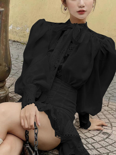 TWOTWINSTYLE Lace Bowknot Lantern Sleeve Dress