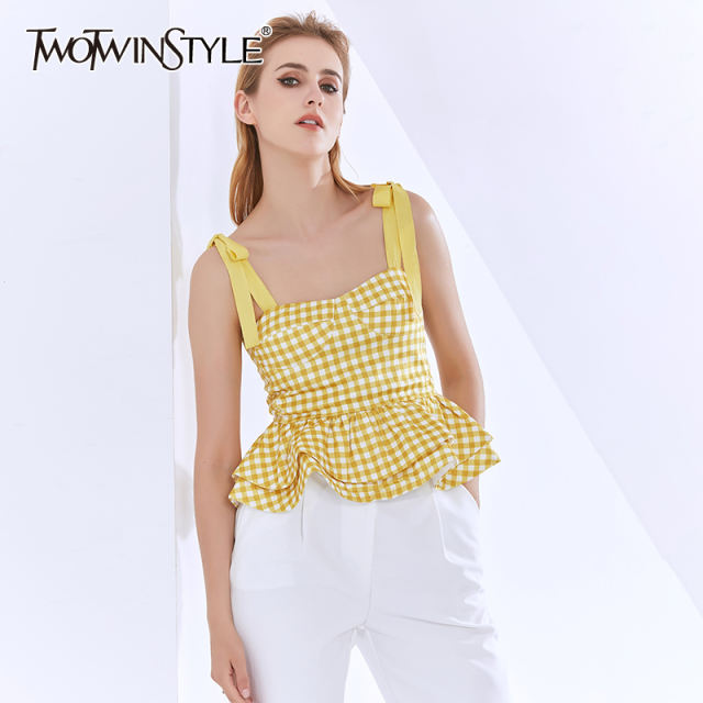 TWOTWINSTYLE Spaghetti Strap Print Sleeveless Ruffles Vest