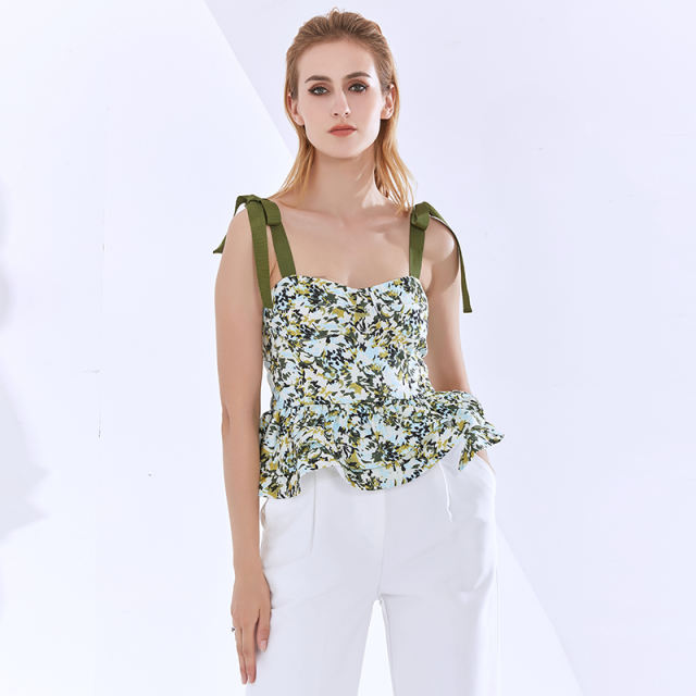 TWOTWINSTYLE Spaghetti Strap Print Sleeveless Ruffles Vest