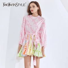 TWOTWINSTYLE  Belt Mini Dress For Women Round Neck Long Sleeve High Waist Print Colorblock Dresses Female Fashion Clothing Style New