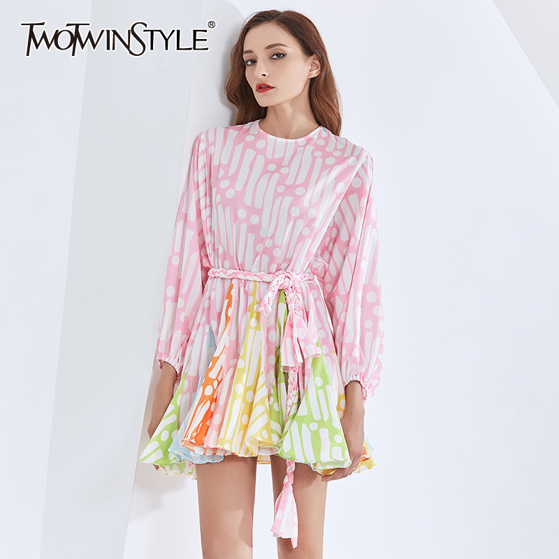 TWOTWINSTYLE Printed Lace Up Bowknot Dress