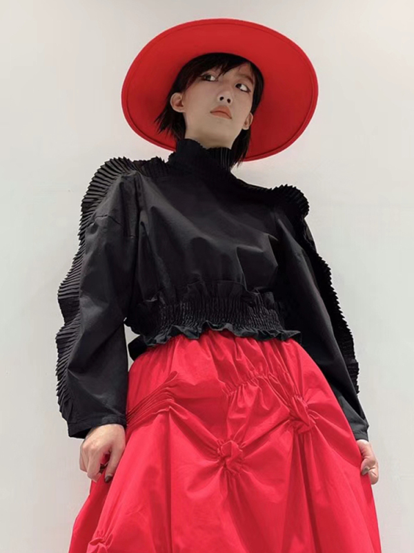 TWOTWINSTYLE Stand Collar Puff Sleeve Blouse