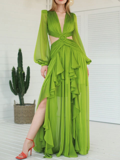 TWOTWINSTYLE Green Cut Out Sexy Midi Dress