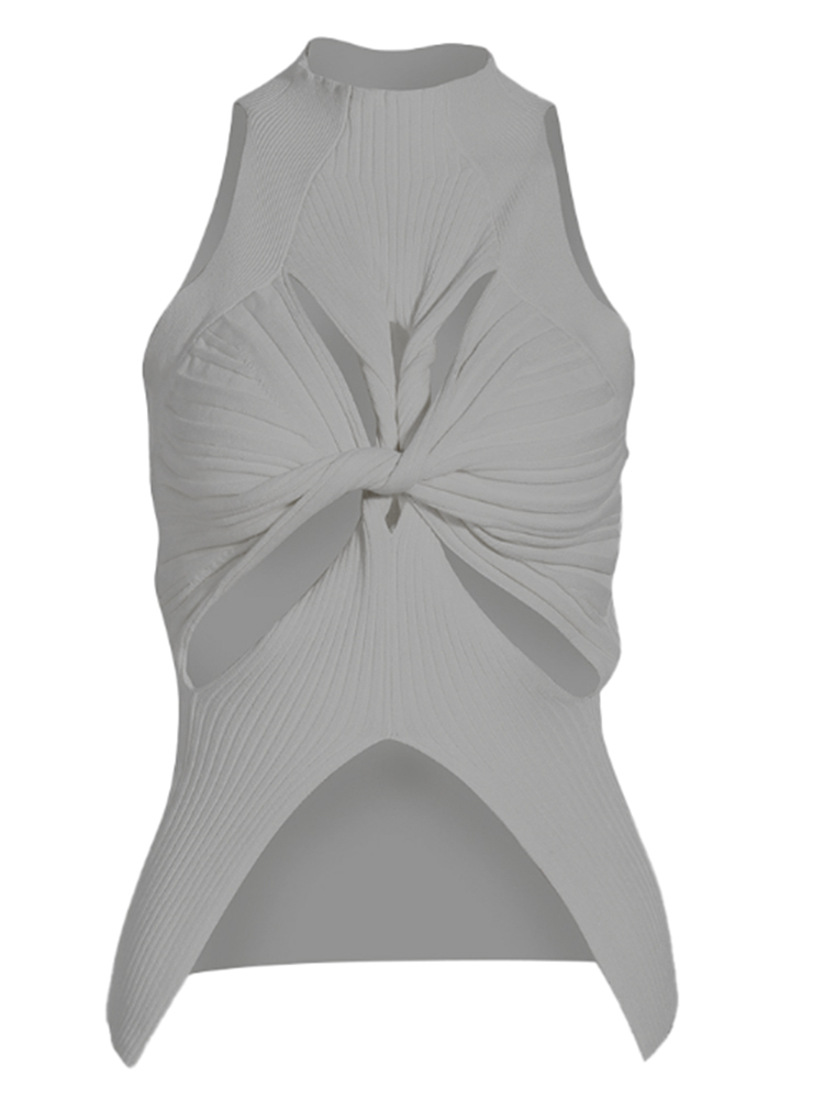 TWOTWINSTYLE Cut Out Round Collar Sleeveless Minimalist Knitting Vest