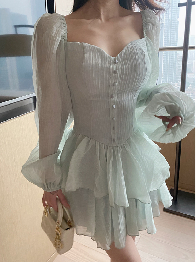 Twotwinstyle Patchwork Mesh Dress For Womens Square Collar Long Sleeve High Waist Solid Mini 8138