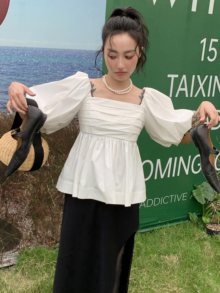 TWOTWINSTYLE Solid Strapless Loose Shirred Blouses