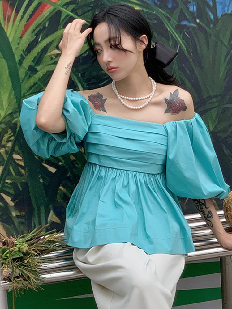 TWOTWINSTYLE Solid Strapless Loose Shirred Blouses