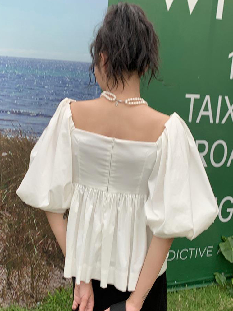 TWOTWINSTYLE Solid Strapless Loose Shirred Blouses