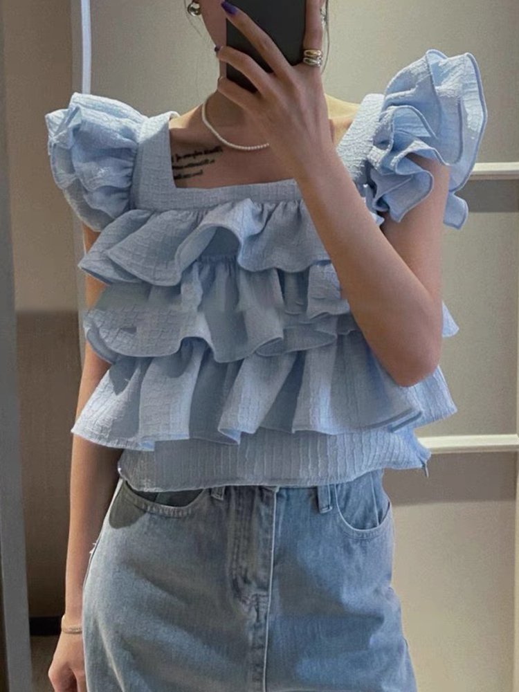 TWOTWINSTYLE Sweet Solid Layered Ruffle Shirts
