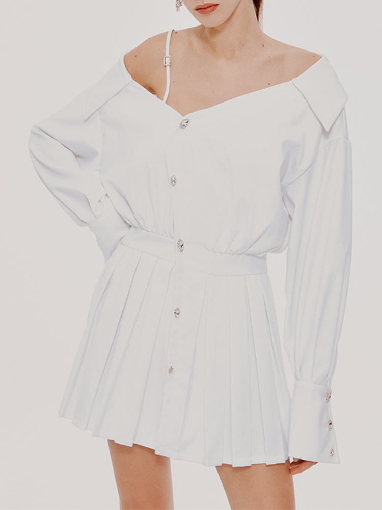 Twotwinstyle Korean Style Shirt Dress For Women Asymmetrical Collar