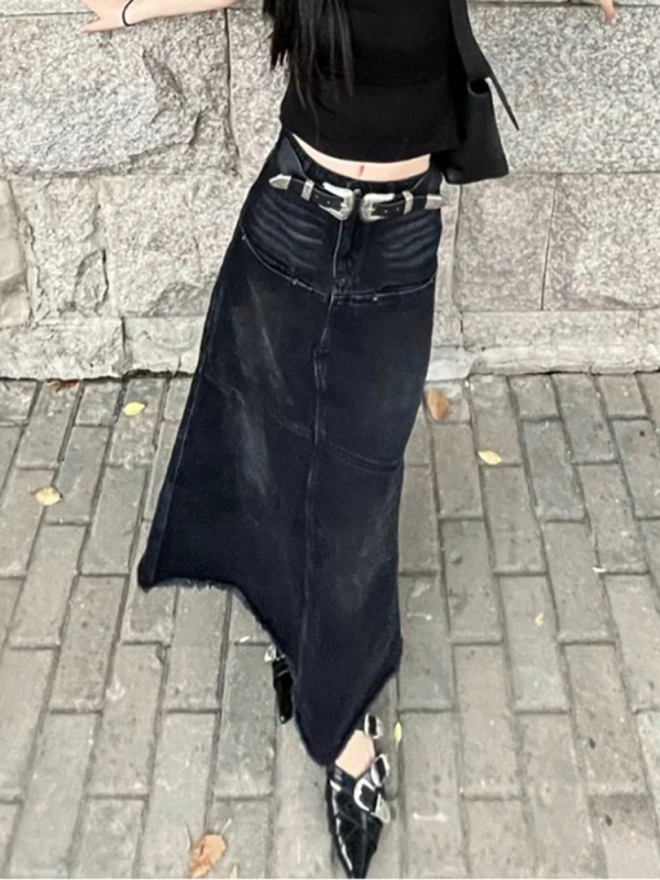 TWOTWINSTYLE Korean denim Skirt For Women High Waist A Line Patchwork Solid Long Skirts Female Summer Clothing New 2022 Fashion