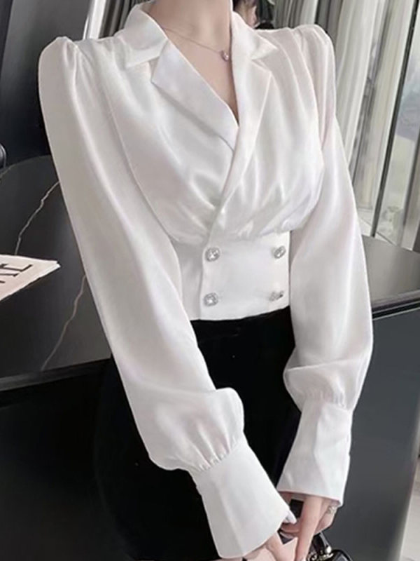 TWOTWINSTYLE Elegant White Shirt For Women V Neck Long Sleeve Solid Minimalist Double Breasted Blouses Female Autumn Clothing 2022 Style