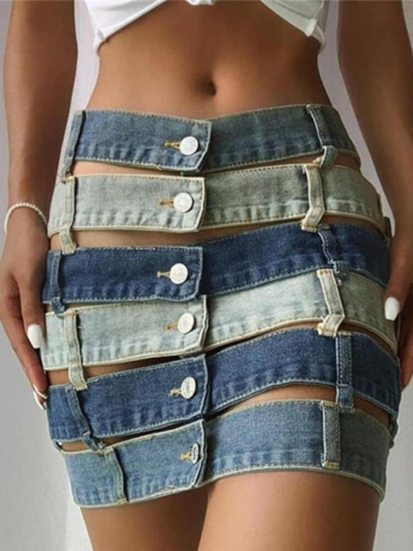 TWOTWINSTYLE Denim Colorblock Skirt For Women High Waist Hollow Out Patchwork Pockets Skirts Female 2021 Summer Fashion Clothing