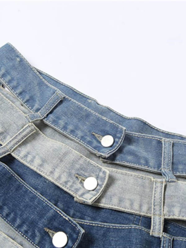 TWOTWINSTYLE Denim Colorblock Skirt For Women High Waist Hollow Out Patchwork Pockets Skirts Female 2021 Summer Fashion Clothing