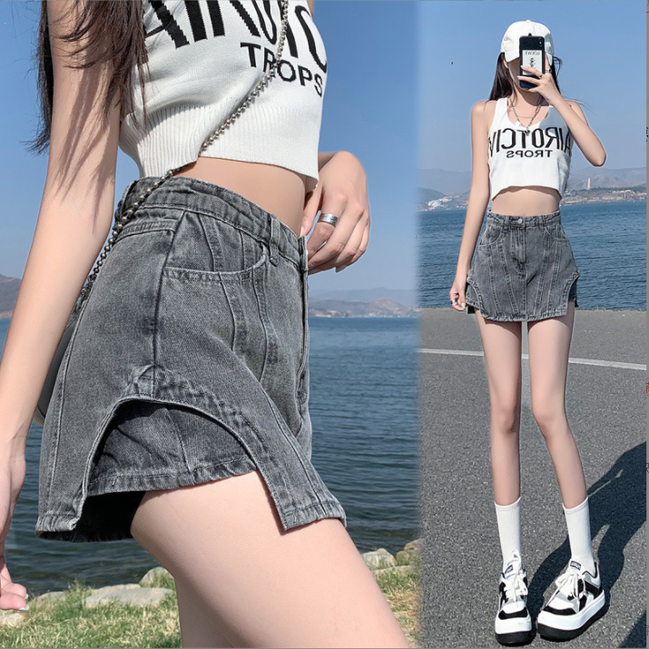TWOTWINSTYLE Newest  Patchwork  Asymmetrical  denim shorts  For Women  High Waist  jeans skirt Female Clothing Fashion