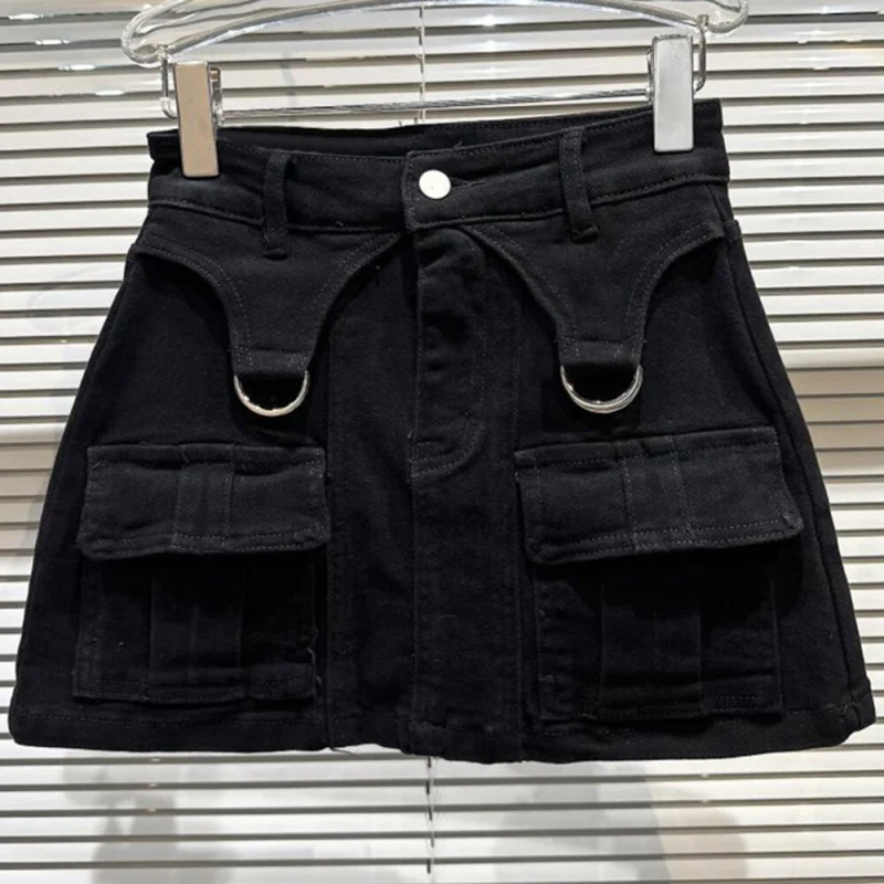 TWOTWINSTYLE Streetwear Denim Skirt For Women High Waist A Line Patchwork Pockets Solid Minimalsit Mini Skirts Female Clothing