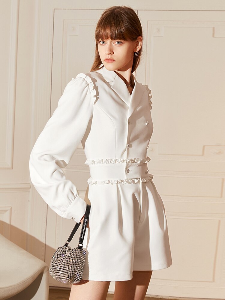 TWOTWINSTYLE Korean Fashion Playsuits For Women Notched Collar Long Sleeve High Waist Ruched Solid Minimalsit Playsuit Females