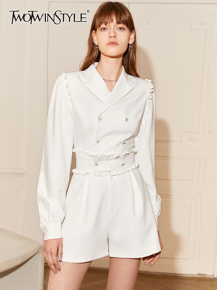 TWOTWINSTYLE Korean Fashion Playsuits For Women Notched Collar Long Sleeve High Waist Ruched Solid Minimalsit Playsuit Females
